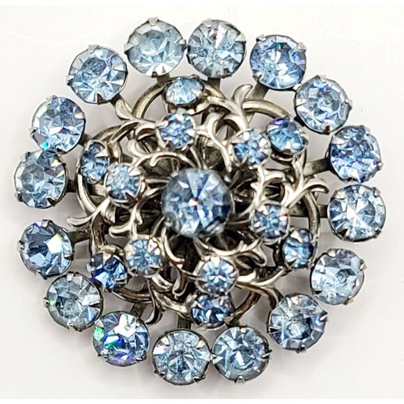 Brooch Pin Blue Rhinestone Layered Cluster Silver Tone Round Sparkly Mid-Century - Picture 1 of 8
